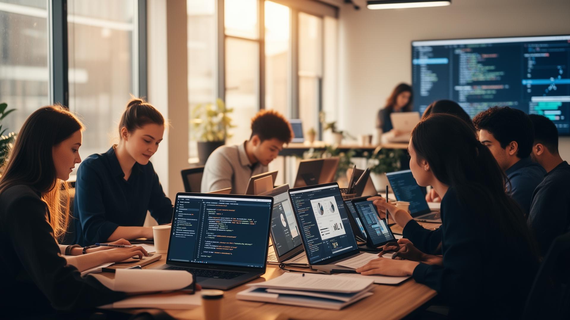 Learners collaborating in an IT training studio